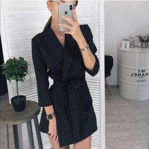 Women dress solid striped suit collar waist belt